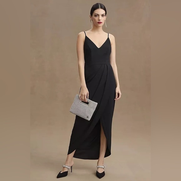 BHLDN Lyra V-Neck Faux-Wrap Crepe Midi Dress, black, size 6